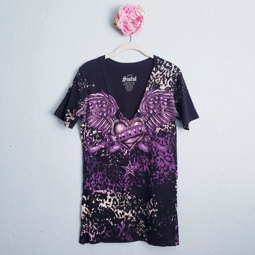 Sinful Black and Purple Leopard Print Rhinestone V-neck Tee